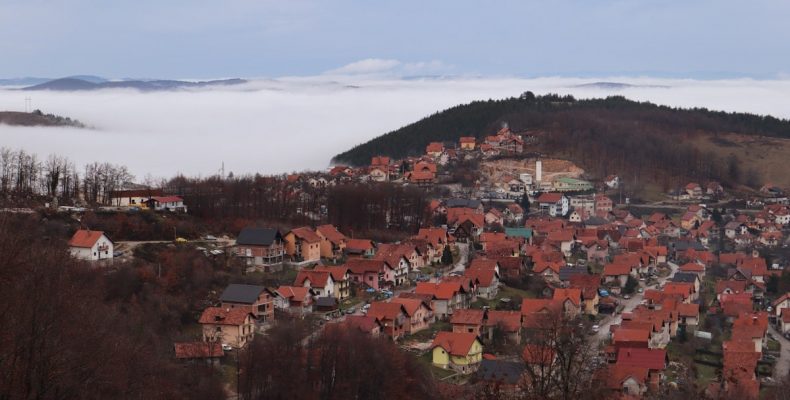 Mountains town in clouds